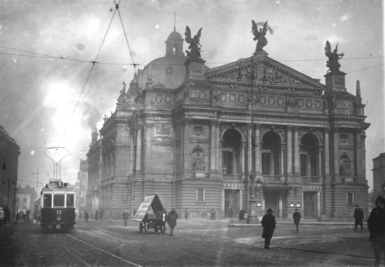 Historic photograph of Lviv Opera House with a tram in the foreground
